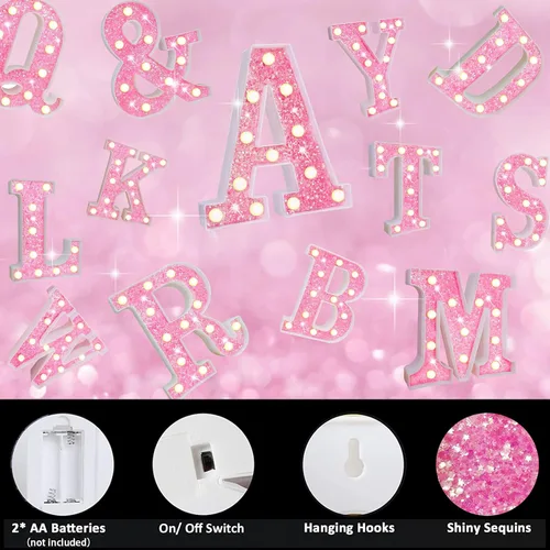 Vista 5 de Letras rosas iluminadas con purpurina, letras del alfabeto rosas, letreros de luces LED en marquesina rosas con batería para iluminación nocturna