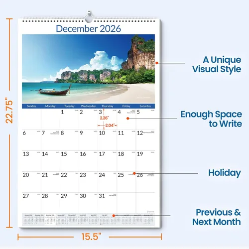 Vista 6 de SUNEE Calendario de pared grande 2026-2027, 22.75 x 15.5 pulgadas, calendario de 18 meses (finaliza marzo de 2028), vertical extragrande, playas
