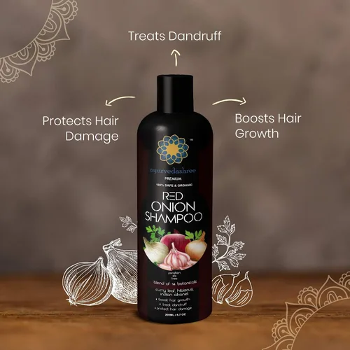 Vista 8 de AYURVEDASHREE Champú de cebolla roja para el crecimiento del cabello y control de caídas del cabello, con hoja de curry, hibisco, alanket indio