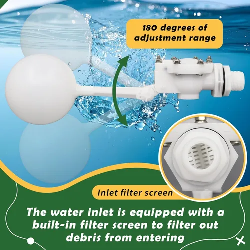 Vista 4 de Válvula flotante desmontable de 3/4, válvula de flotador de agua de plástico blanco con brazo ajustable para control de nivel de agua para estanque