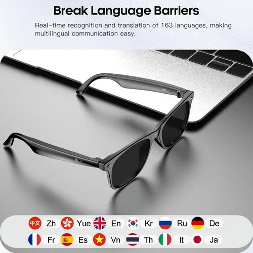 Vista 3 de Lentes inteligentes de traducción AI para hombres y mujeres, gafas de sol Bluetooth 6.0, protección UV, asistente de voz, audio de oído abierto