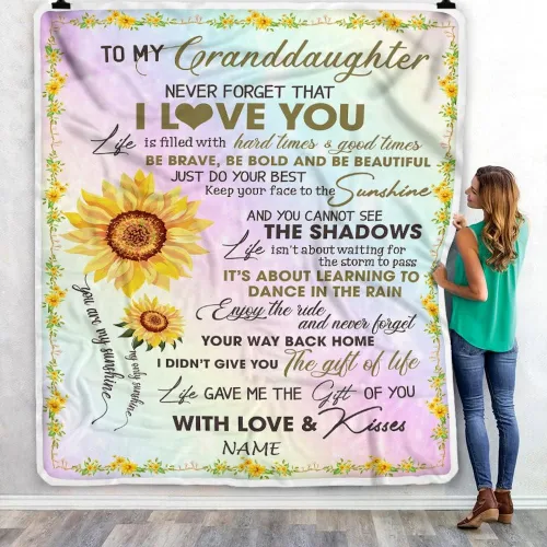 Vista 3 de Manta personalizada con texto en inglés «To My Granddaughter from Grandma Grandpa Sunflower Never Forget That I Love You», manta de forro polar