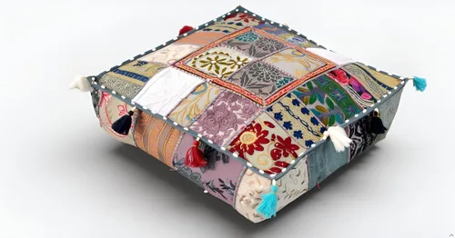Vista 31 de CRAFT KALA Funda de Puf Tradicional de Retazos Cuadrada India Pufs de Sala de Estar India Otomana de Diseñador Bordada Decorativa Hogar Vida Rosa