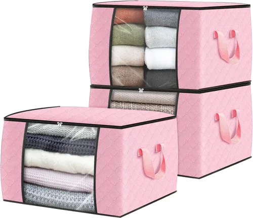 Vista 32 de Fab totes Paquete de 3 bolsas de almacenamiento plegables de tela gruesa, contenedores para organizar dormitorio, armario, ropa, edredón, Beige