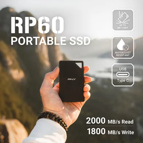 Vista 2 de PNY RP60 - SSD portátil de 2TB, hasta 2000MB/s, USB-C, USB 3.2 Gen2x2 - Resistente, con clasificación IP65, resistente al agua/polvo/caídas - Para