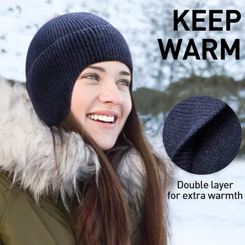 Vista 2 de Arcweg Gorro de punto de invierno para hombres y mujeres, gorro de punto cálido con orejera, elástico, resistente al viento, gorro de calavera