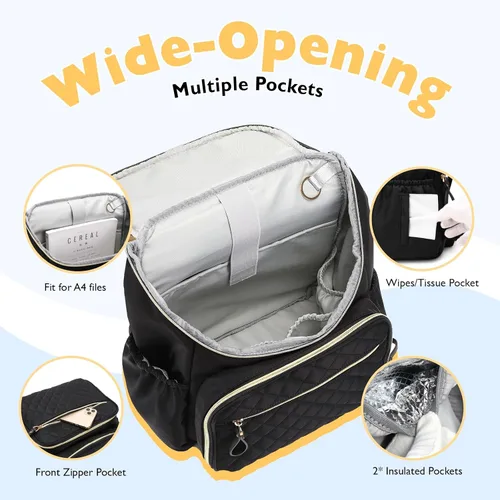 Vista 4 de LORADI Mochila ligera para pañales con clips para cochecito, bolsillos aislados, artículos esenciales para baby shower (nailon, negro)