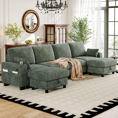 Vista 31 de Vipbear Sofá modular seccional, sofá de chenilla cómodo en forma de L de Marfil