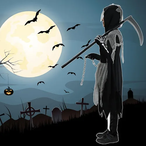 Vista 7 de GOLDGE Scary Girl Grim Reaper Costume Set with Gloves and Tights for Dress Up Party - Perfect for Halloween