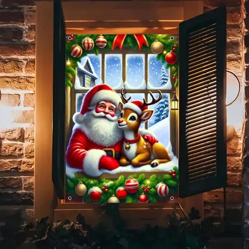 Vista 8 de BlissYard Cubierta de ventana de Navidad de 31 x 47 pulgadas, Papá Noel y reno, escena de nieve de invierno, decoración de vacaciones, fondo festivo