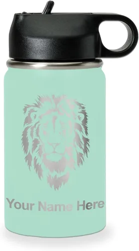 Vista 60 de LaserGram Botella de agua personalizada, cabeza de león, acero inoxidable de doble pared aislada al vacío con popote superior, regalo grabado
