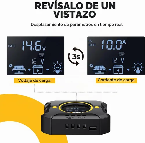 Vista 3 de BougeRV Li 10A PWM Controlador de carga solar 12V 24V, regulador de panel solar con pantalla retroiluminada, puerto USB, parámetro ajustable