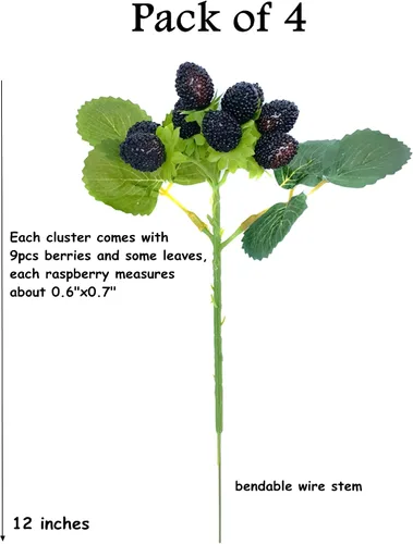 Vista 3 de M2cbridge 4 piezas artificiales de bayas rojas frambuesas de frutas falsas BlackBerry Props decoración de mesa (negro)