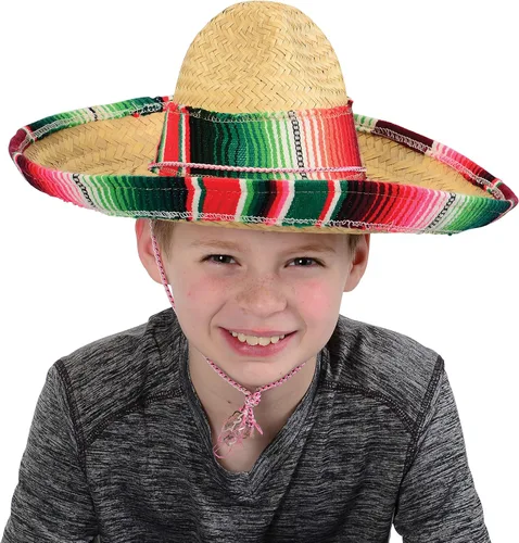 Vista 2 de GiftExpress Sombrero de niño con ribete de serape, sombrero de paja para Cinco de Mayo, disfraz mexicano de Serape