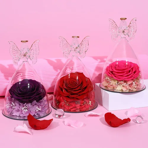 Vista 8 de Regalo de rosa para el día de la madre, rosa real preservada en figura de ángel de cristal grande, regalos de rosas para mujeres, regalo de flores
