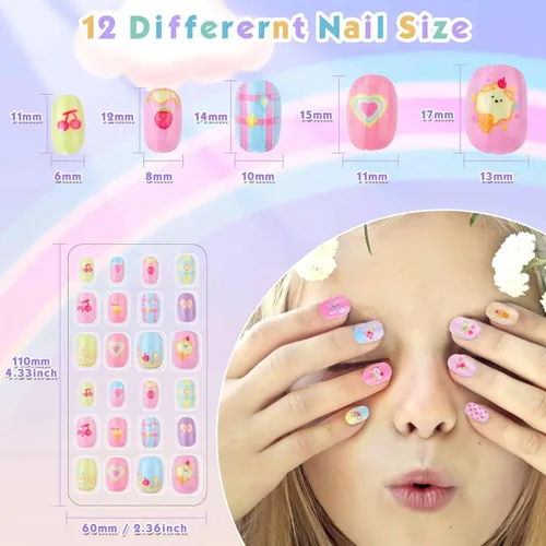 Vista 4 de Shynek Uñas Postizas para Niñas, 168 Piezas de Uñas Postizas Infantiles con Adhesivo Pre-Pegado, Juego de Uñas Postizas de Cubierta Completa