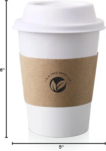 Vista 8 de KTOB [paquete de 50] Tazas de café compostables de 12 onzas con tapas y mangas kraft, combo de tazas de papel blanco desechables ecológicas