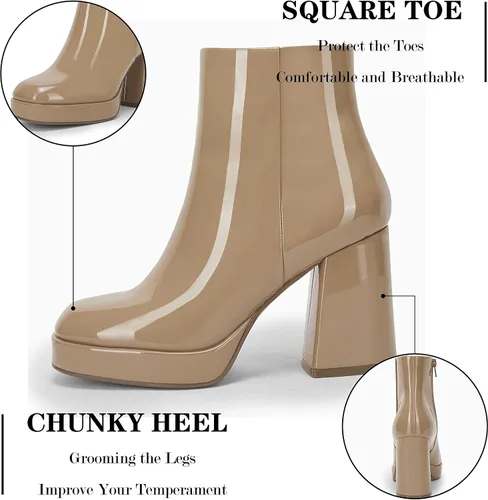 Vista 5 de Rilista Botas de plataforma para mujer, tacones altos y gruesos, botines de tobillo con punta cuadrada y cremallera lateral
