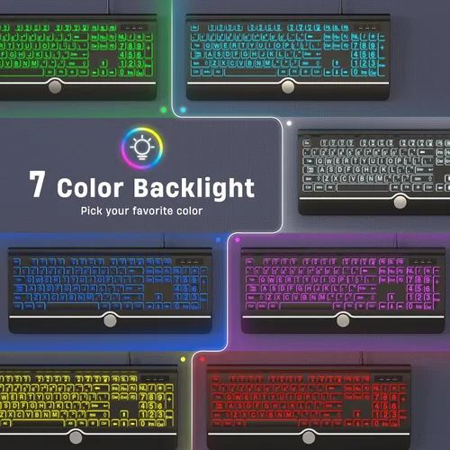 Vista 3 de KOPJIPPOM Teclado de computadora retroiluminado con impresión grande, teclados USB con cable de tamaño completo con retroiluminación de 7