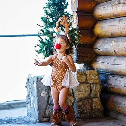Vista 6 de Conjunto de ropa de Navidad para recién nacido, para bebé, mameluco de ciervos, de encaje y tutú+diadema de cuernos, 2 unidades de ropa de Navidad