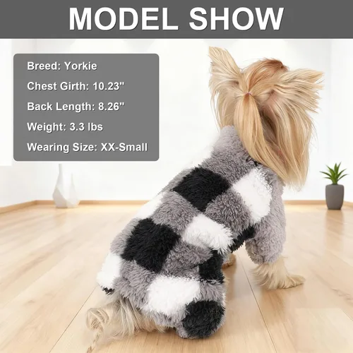 Vista 6 de Sebaoyu Pijamas de cuello redondo para perros pequeños, suéter de forro polar para perros, ropa de invierno linda y pequeña para cachorros Gris