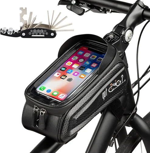 Vista 2 de Bolsa de bicicleta más gratis Multi herramienta tubo superior marco frontal impermeable pantalla táctil Ciclismo bicicleta teléfono soporte pack