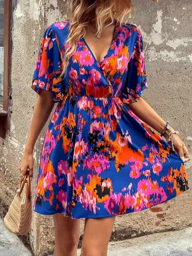 Vista 3 de OYOANGLE Vestido acampanado acampanado con cuello en V y manga corta de mariposa para mujer