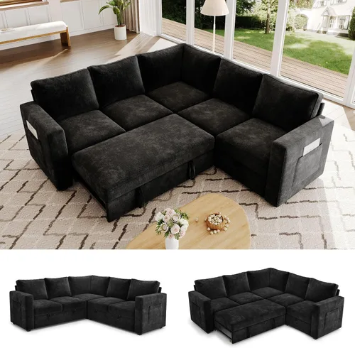Vista 10 de Sofá Seccional Modular de 85 Pulgadas con Cama Extraíble, Sofá Cama Seccional en Forma de L de 5 Asientos con Almacenamiento, Sofás Seccionales