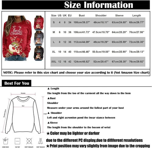 Vista 6 de Camisetas de Navidad para mujer, para otoño, invierno, divertidas, con estampado de ciervos, manga larga, cuello redondo, ajuste holgado