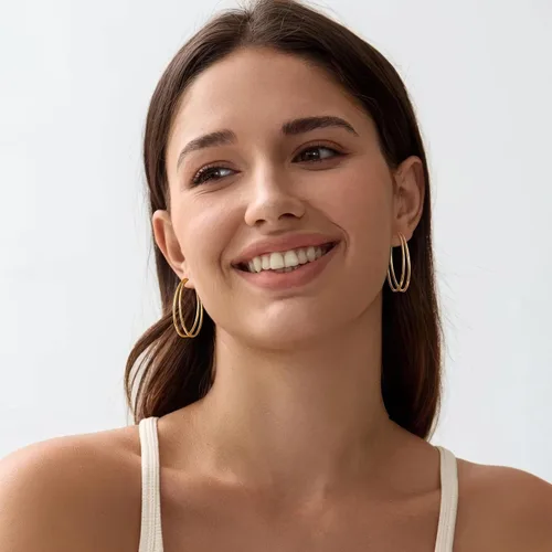 Vista 7 de Pendientes de aro dobles para mujer de moda con poste de plata de Dorado