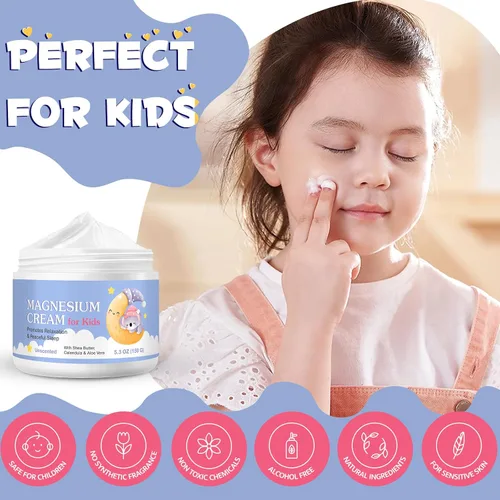 Vista 6 de Crema de magnesio para niños, loción de aceite de magnesio para relajación ósea y muscular, calma y nutre la piel con caléndula, aloe vera, manteca