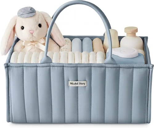Vista 10 de Blissful Diary Organizador de pañales con flores, elegante cesta de almacenamiento para guardería, regalo para baby shower, imprescindible