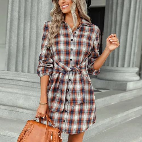 Vista 6 de Vestidos de verano para mujer, casual, con lazo en la cintura, manga larga, solapa, falda corta, a cuadros, vestidos casuales