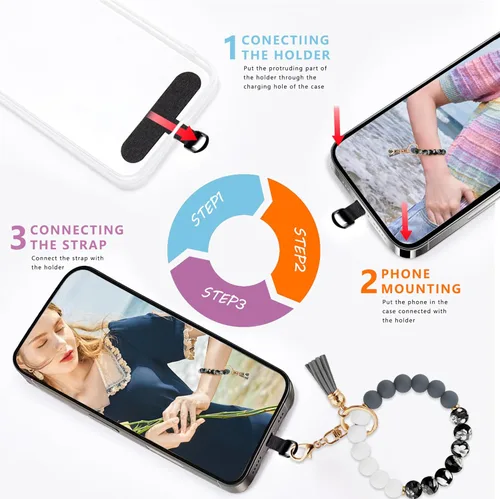 Vista 7 de Correa de silicona con cuentas para mujer, silicona sin BPA Elastic wristlet with tether tab, 12mm BPA-Free silicone beads with printed accents