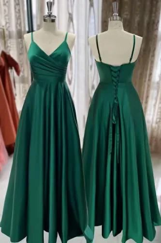 Vista 6 de Vestidos de fiesta con cuello en V para mujer, vestido largo de fiesta de satén fruncido, vestido de noche con bolsillos CM139