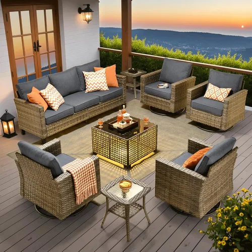 Vista 20 de ovios Juego de muebles de patio de 4 piezas con sofá de exterior, luces solares, mesa, cojines cómodos, sofá de conversación de mimbre de ratán