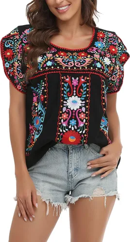 Vista 6 de YZXDORWJ Blusa de verano para mujer, estilo bohemio, estilo mexicano, con bordado, estilo bohemio