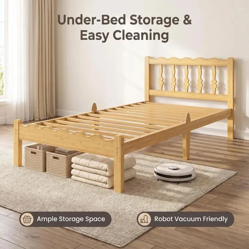 Vista 6 de Marco de cama de bambú individual XL con cabecero, plataforma de madera maciza de 12 pulgadas, marco de cama tamaño individual XL con listones