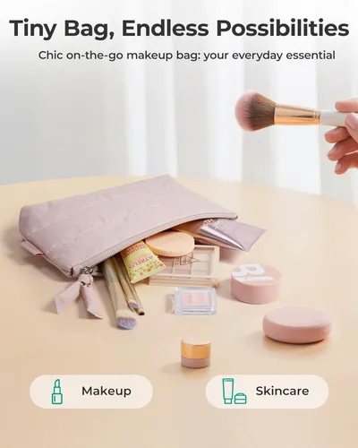 Vista 2 de BAGSMART Pequeña bolsa de maquillaje, neceser portátil esponjoso con cierre de cremallera con encanto, organizador de viaje resistente al agua