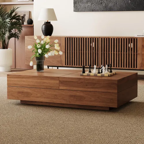 Vista 7 de Mesa de centro expandible de mediados de siglo con almacenamiento – Mesa central ajustable de 47.2"-81.9" para la sala de estar, acabado en madera