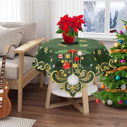Vista 4 de Mantel cuadrado pequeño bordado de Navidad, adornos (verde navideño)