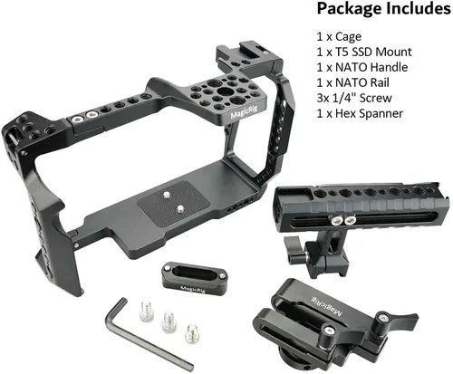 Vista 6 de BMPCC 6K Pro y 6K G2 Kit de jaula completa, con mango superior, riel NATO y soporte SSD T5, para cámara de cine Blackmagic Design Pocket 6K Pro y 6K