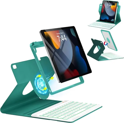 Vista 30 de OYEEICE Funda de teclado para iPad 6ª/5ª generación de 9.7 pulgadas, teclado inalámbrico desmontable retroiluminado de 7 colores, cubierta magnética