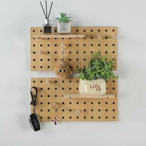 Vista 7 de Tablero de Clavijas de Madera Beige Expositor Modular Tablero de Clavijas de Madera Combinación Organizador de Pared Almacenamiento Ganchos de Pared