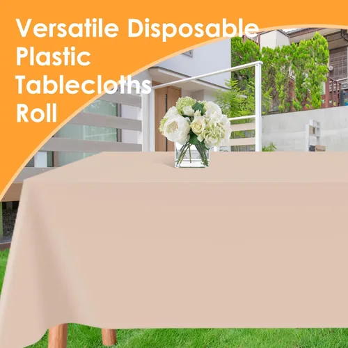 Vista 6 de tujol Rollo de mantel de mesa de plástico desechable beige de 54" X 100', cubierta de mesa de plástico con caja cortadora, mantel desechable cortado
