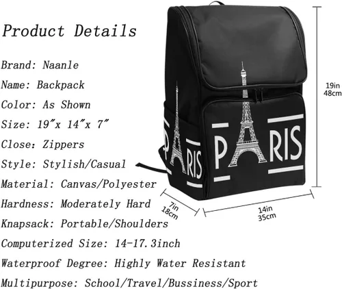 Vista 2 de Naanle Elegante Torre Eiffel París Negro Blanco Casual Hombre Mujer Estudiante Mochila Viaje Computadora Bolsa Eiffel Tower