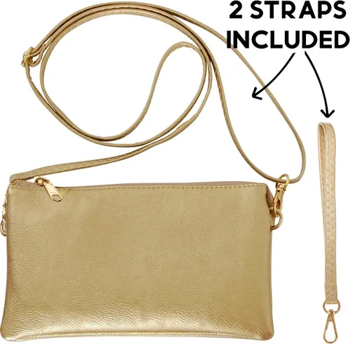 Vista 7 de Humble Chic bolsa pequeña de piel vegana, para usar cruzada o cartera con ajuste de pulsera, incluye hombro ajustable y correa para muñeca. Oro