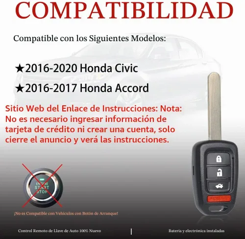 Vista 2 de MechanMagic Llavero de Repuesto para Llave de Coche Compatible con Honda Civic 2016 2017 2018 2019 2020/Accord 2016 2017 MLBHLIK6-1TA Control Remoto