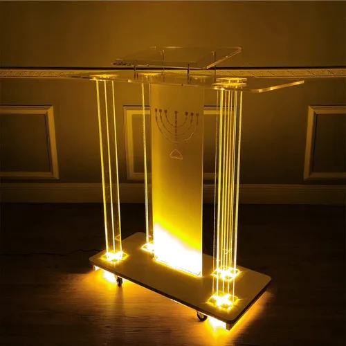 Vista 4 de Mesa de púlpito rodante, podio acrílico transparente con ruedas, atril LED púlpito con ruedas, mesa de invitados de recepción, escritorio