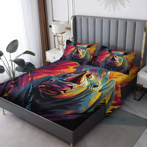 Vista 9 de Juego de sábanas para cama individual – Juego de sábanas divertidas de rinoceronte, sábanas y fundas de almohada, microfibra suave y bolsillo